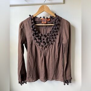 TORY BURCH Bobble Top Cotton Chocolate Brown Designer Lightweight Feminine 4‎